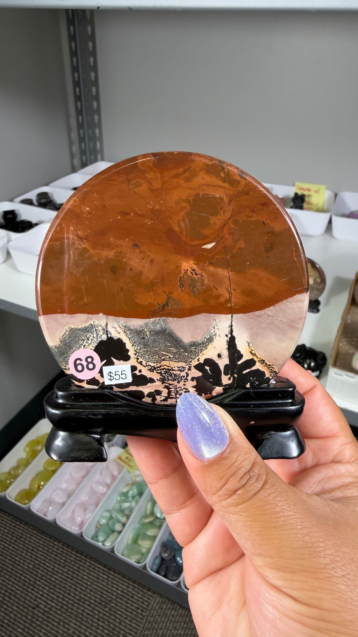 Gorgeous Picture Jasper Polished Round Display Plaque with Stand | Opt 68