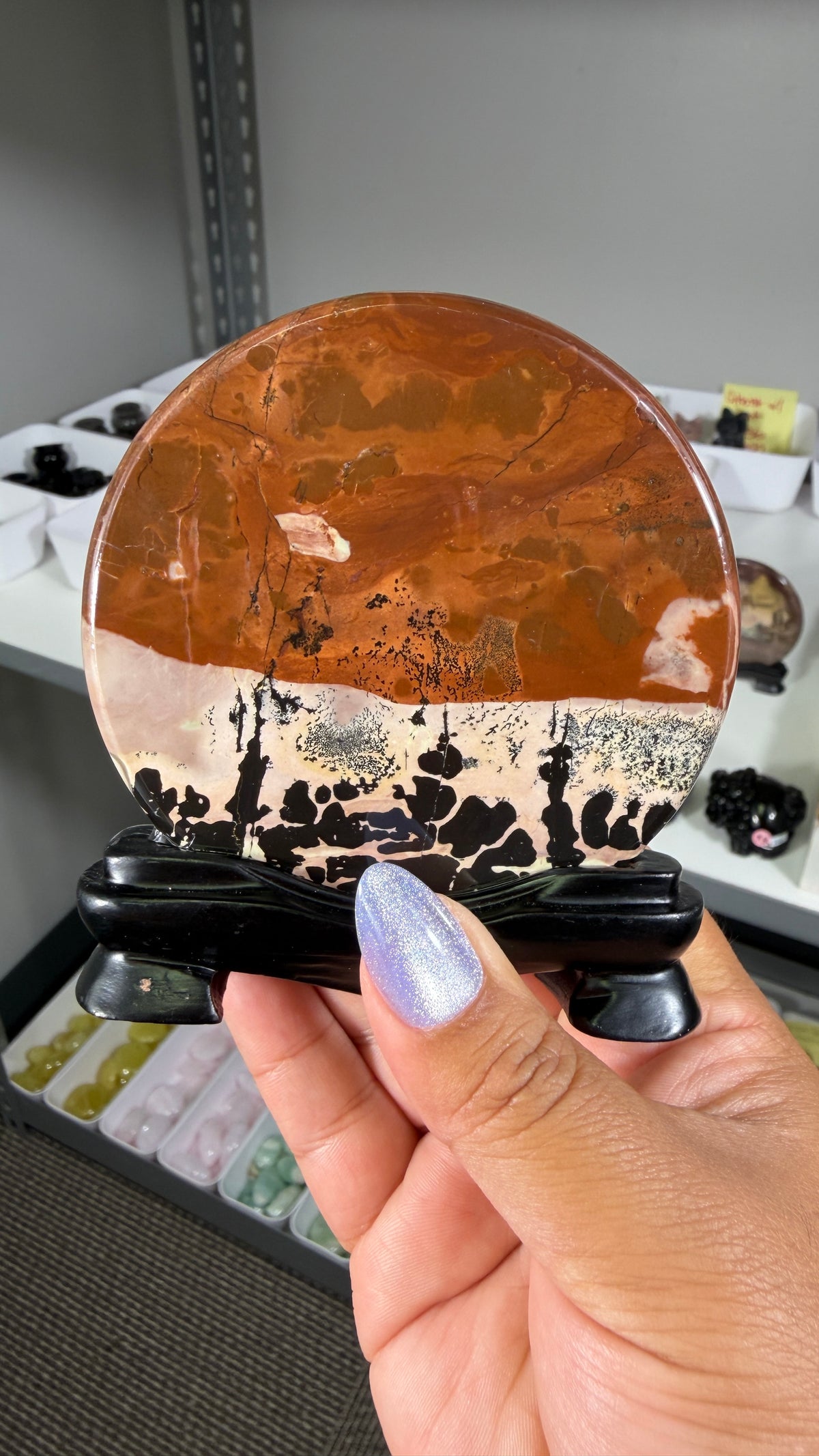 Gorgeous Picture Jasper Polished Round Display Plaque with Stand | Opt 68