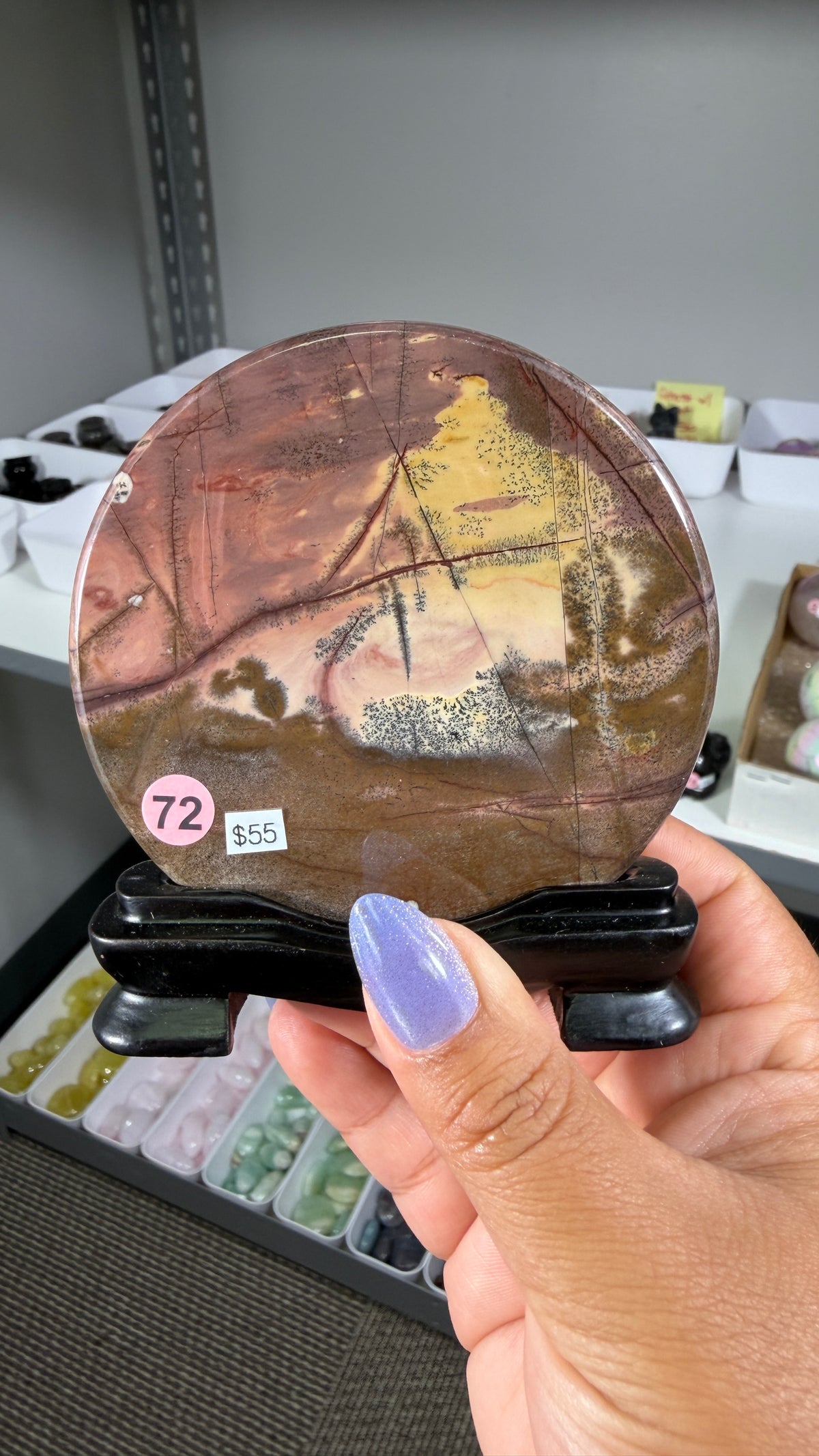 Gorgeous Picture Jasper Polished Round Display Plaque with Stand | Opt 72