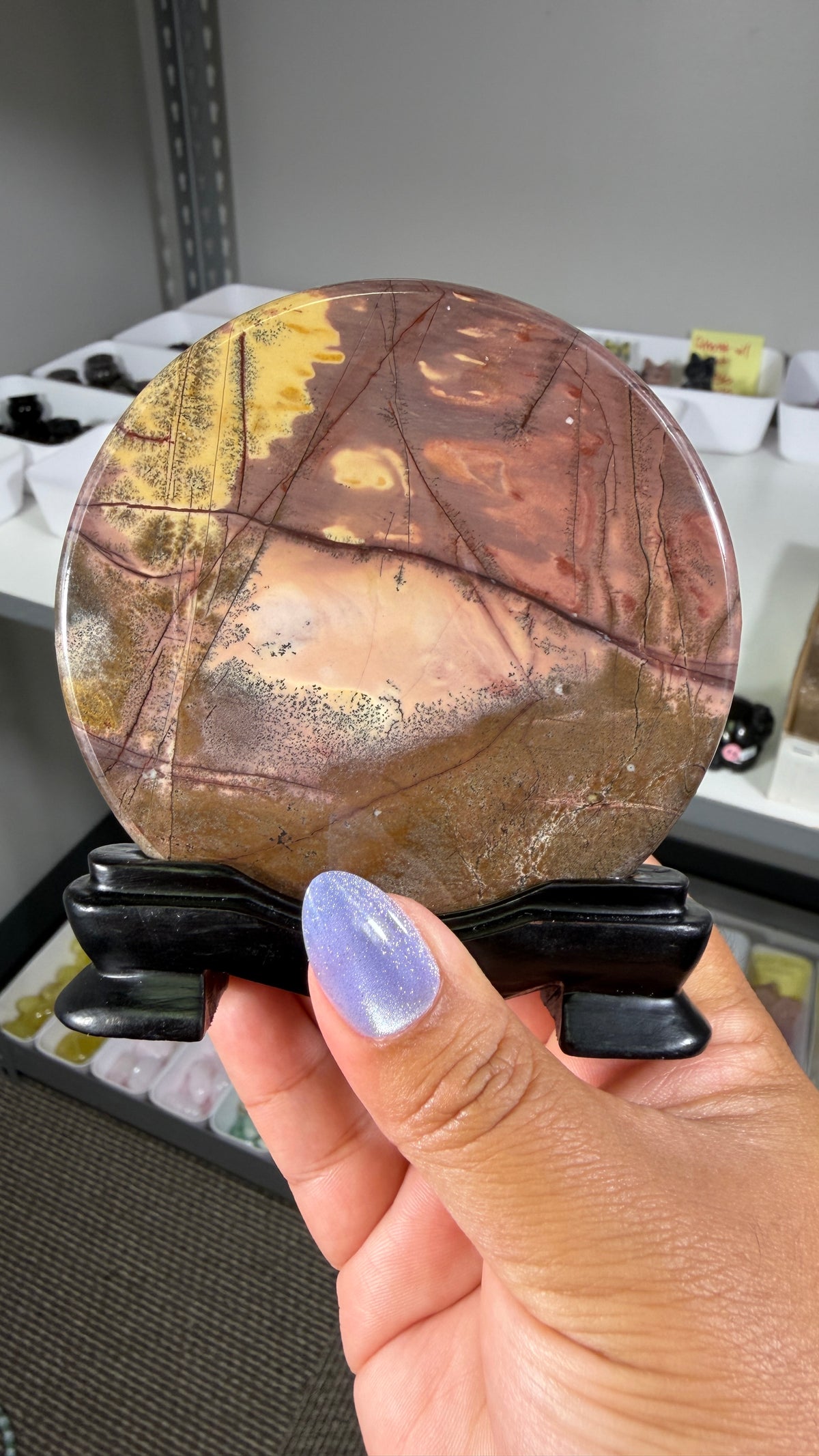 Gorgeous Picture Jasper Polished Round Display Plaque with Stand | Opt 72