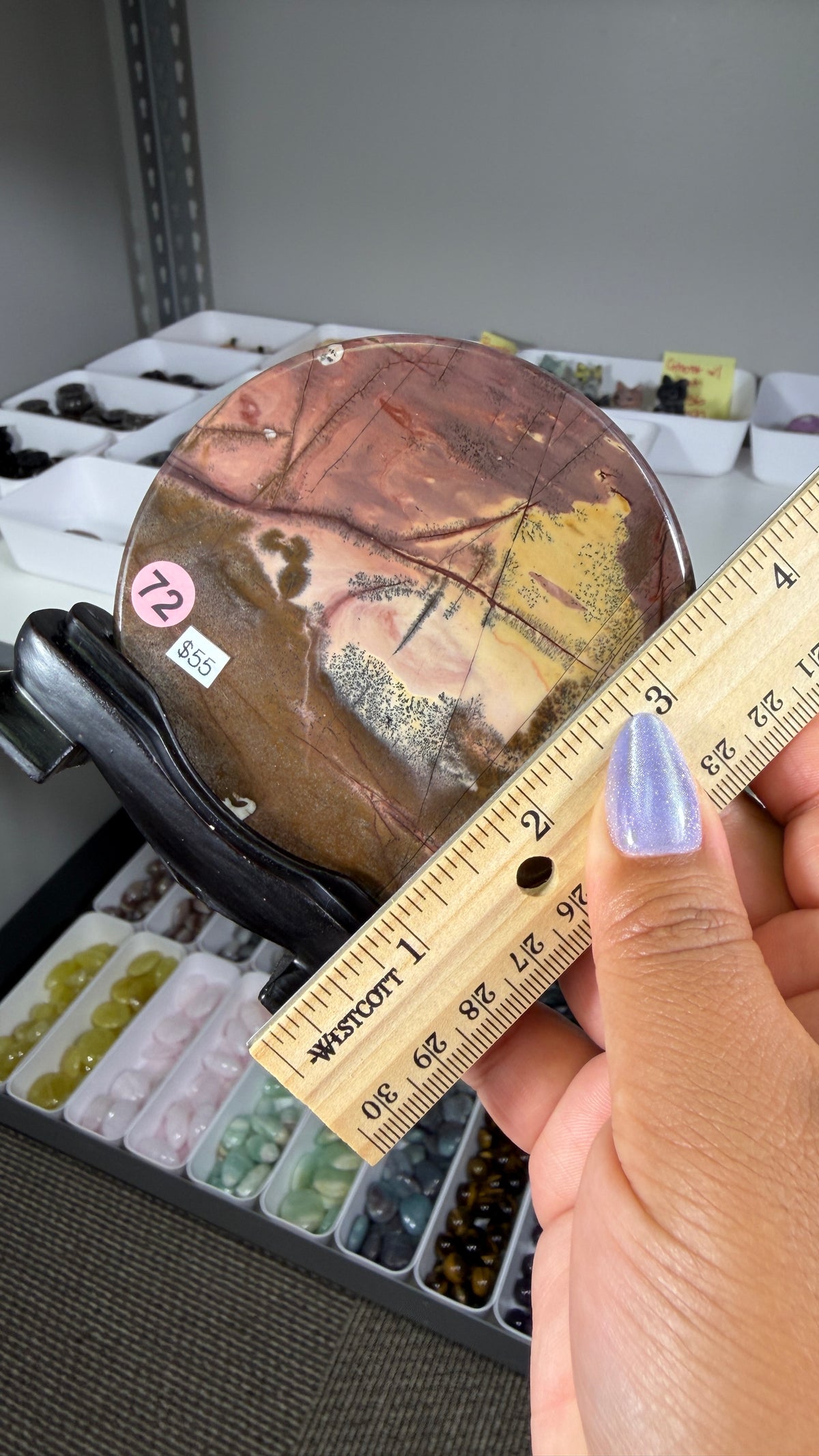 Gorgeous Picture Jasper Polished Round Display Plaque with Stand | Opt 72