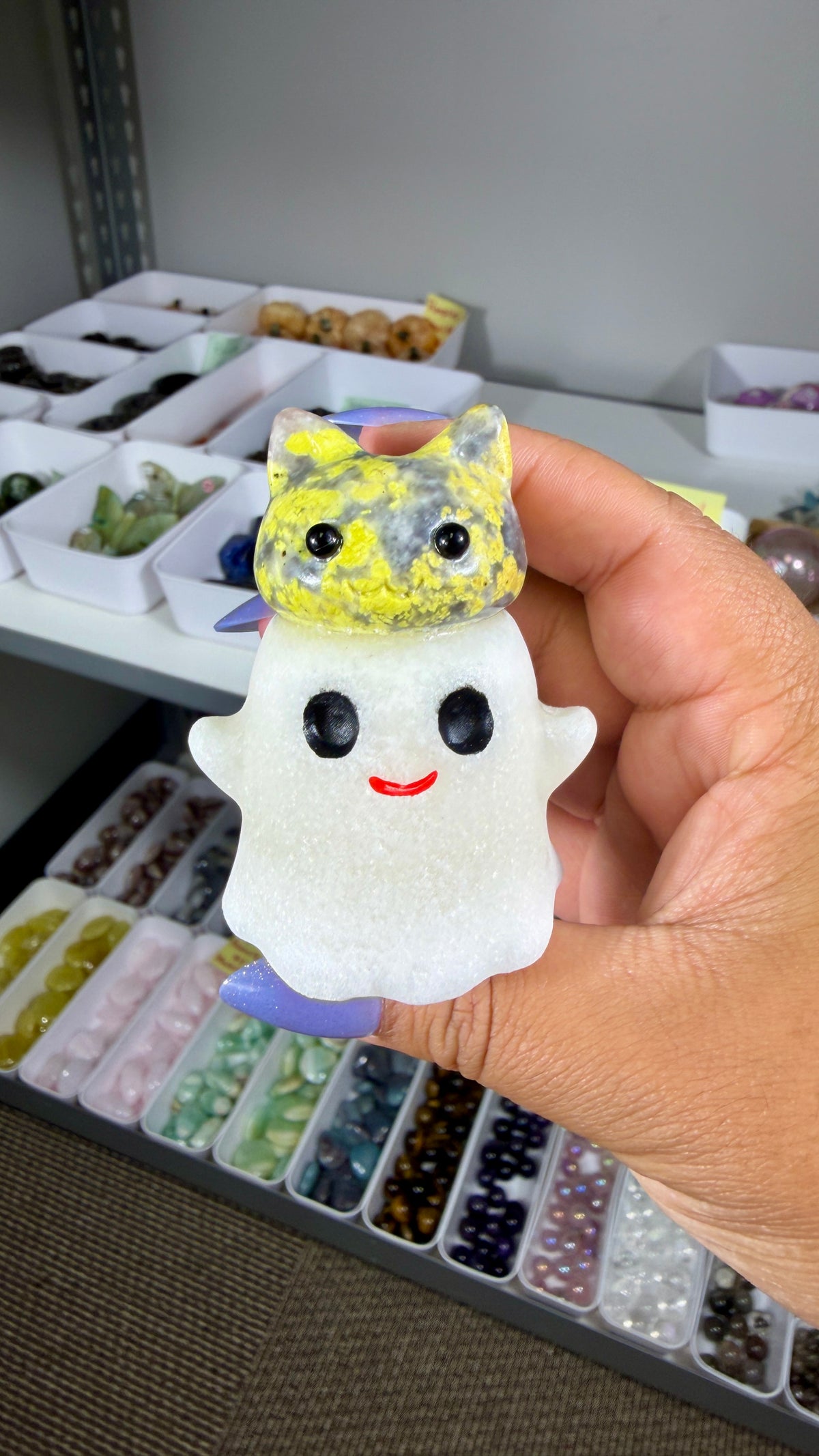 Adorable Ghost with Yellow/Gray Jasper Kitty | Opt 12