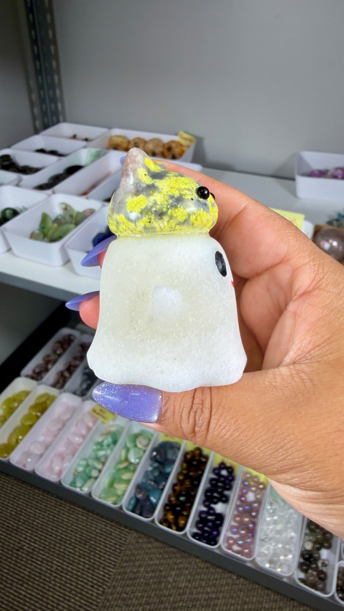 Adorable Ghost with Yellow/Gray Jasper Kitty | Opt 12
