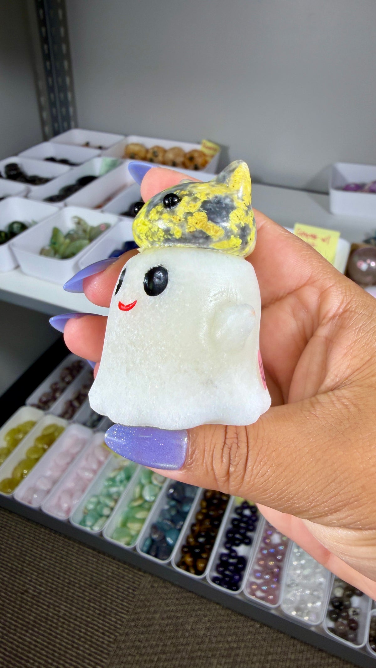 Adorable Ghost with Yellow/Gray Jasper Kitty | Opt 12