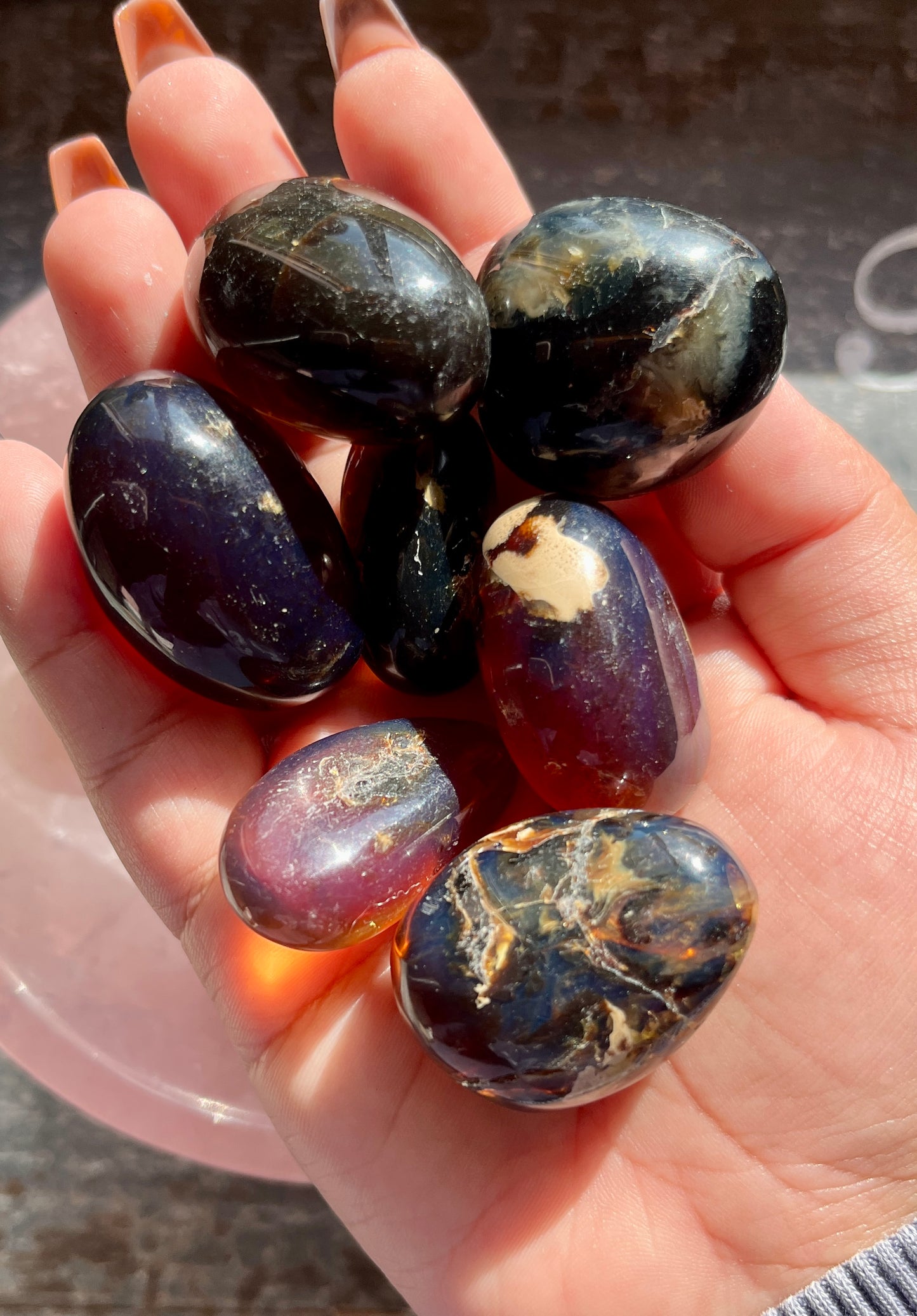 One (1) Gorgeous Blue/Red Amber Tumble from Indonesia