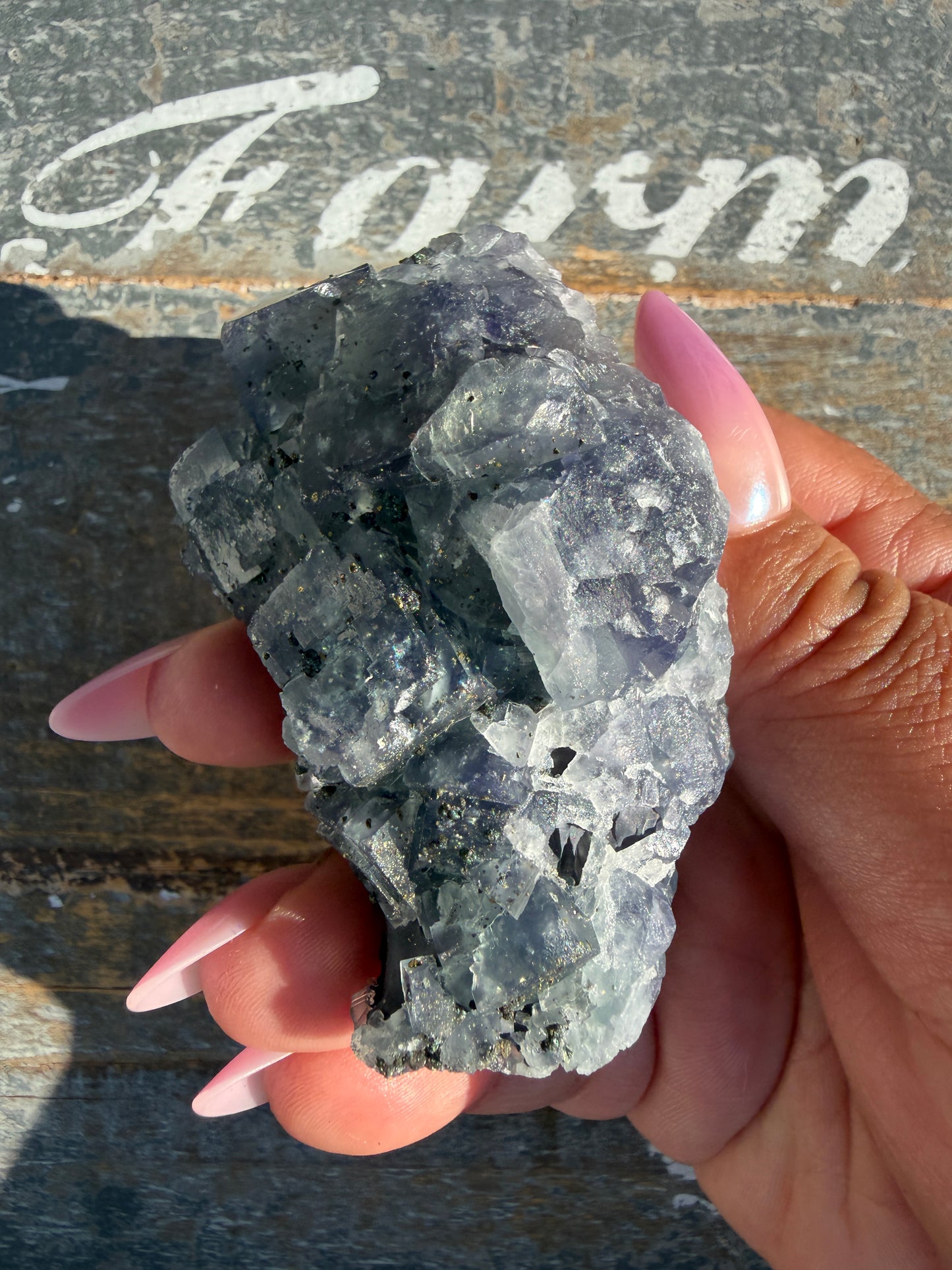 Gorgeous Cubic Dark Blue/Purple Fluorite Specimen coated in Pyrite | China | Opt 70