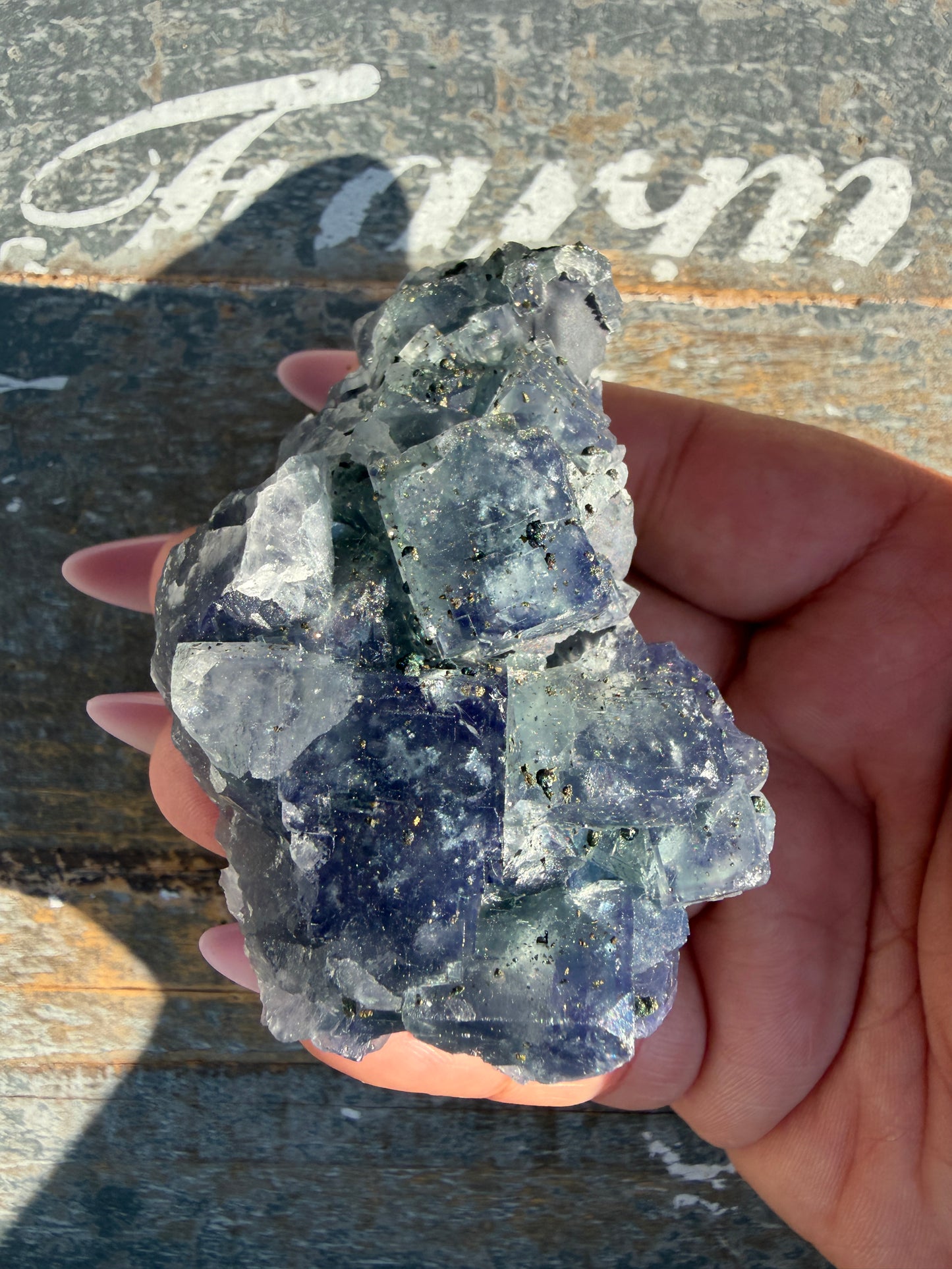 Gorgeous Cubic Dark Blue/Purple Fluorite Specimen coated in Pyrite | China | Opt 70