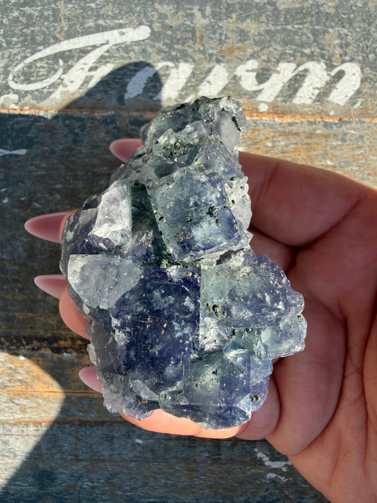 Gorgeous Cubic Dark Blue/Purple Fluorite Specimen coated in Pyrite | China | Opt 70