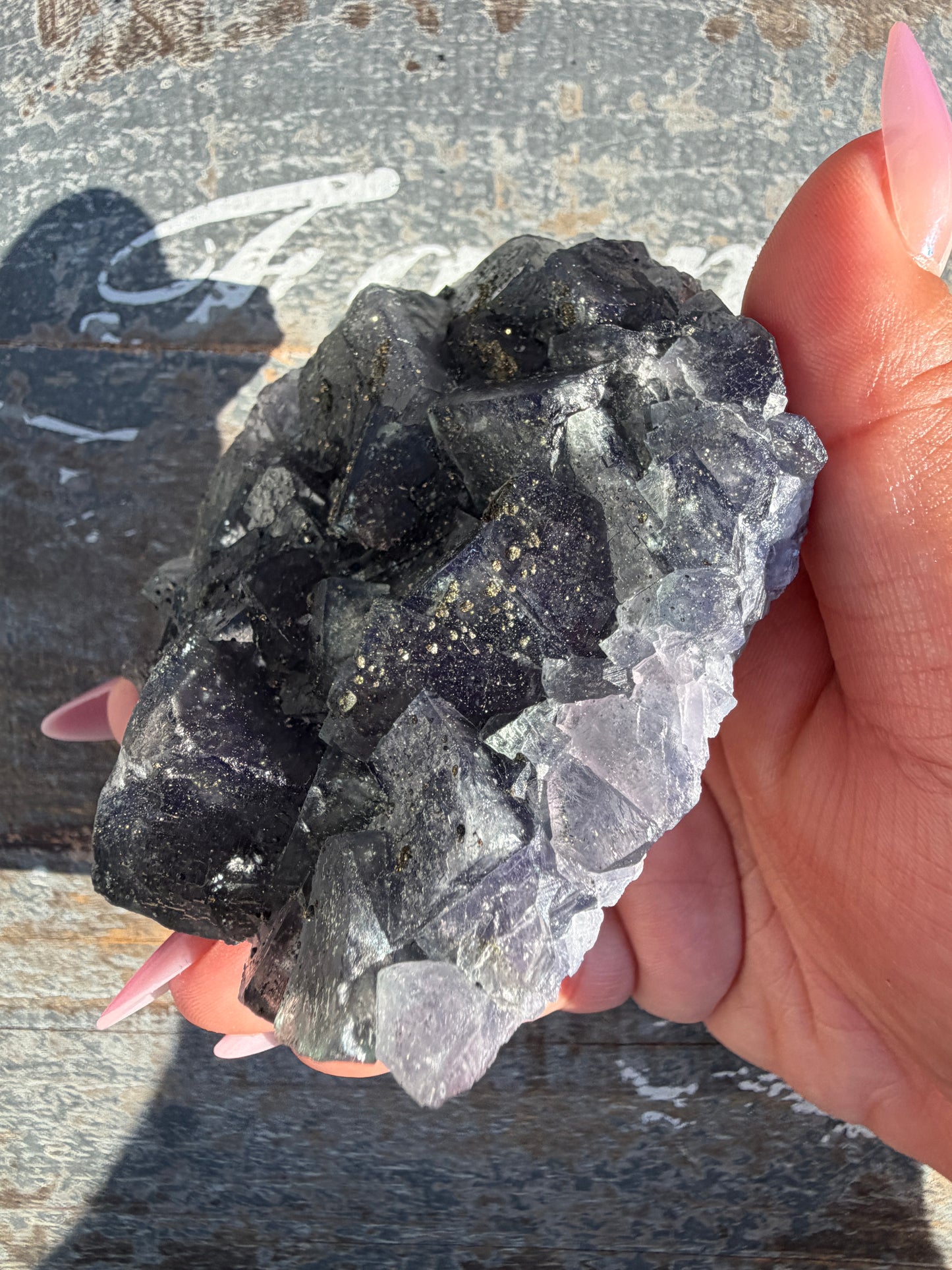 Gorgeous Cubic Dark Blue/Purple Fluorite Specimen coated in Pyrite | China | Opt 55