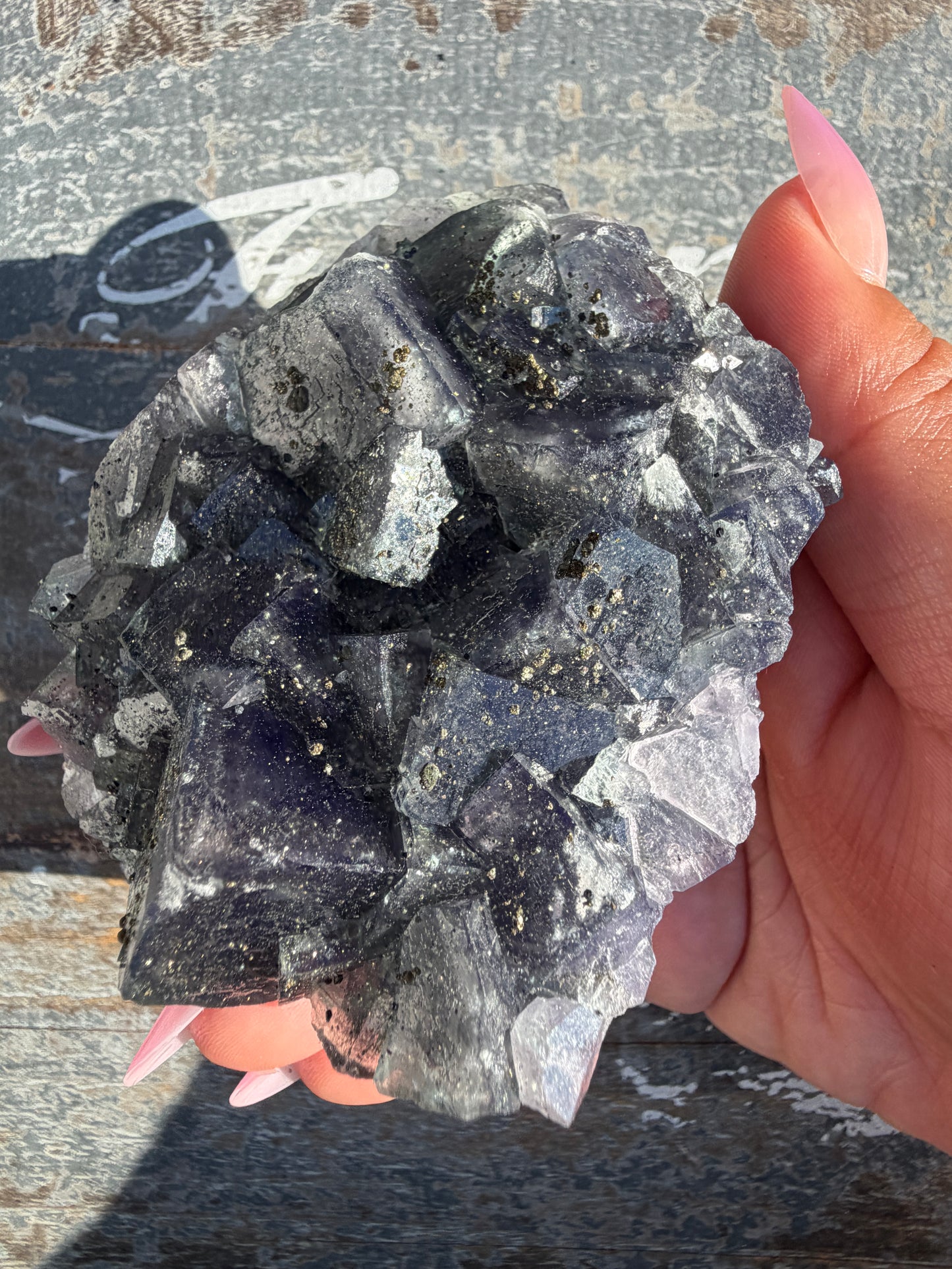 Gorgeous Cubic Dark Blue/Purple Fluorite Specimen coated in Pyrite | China | Opt 55