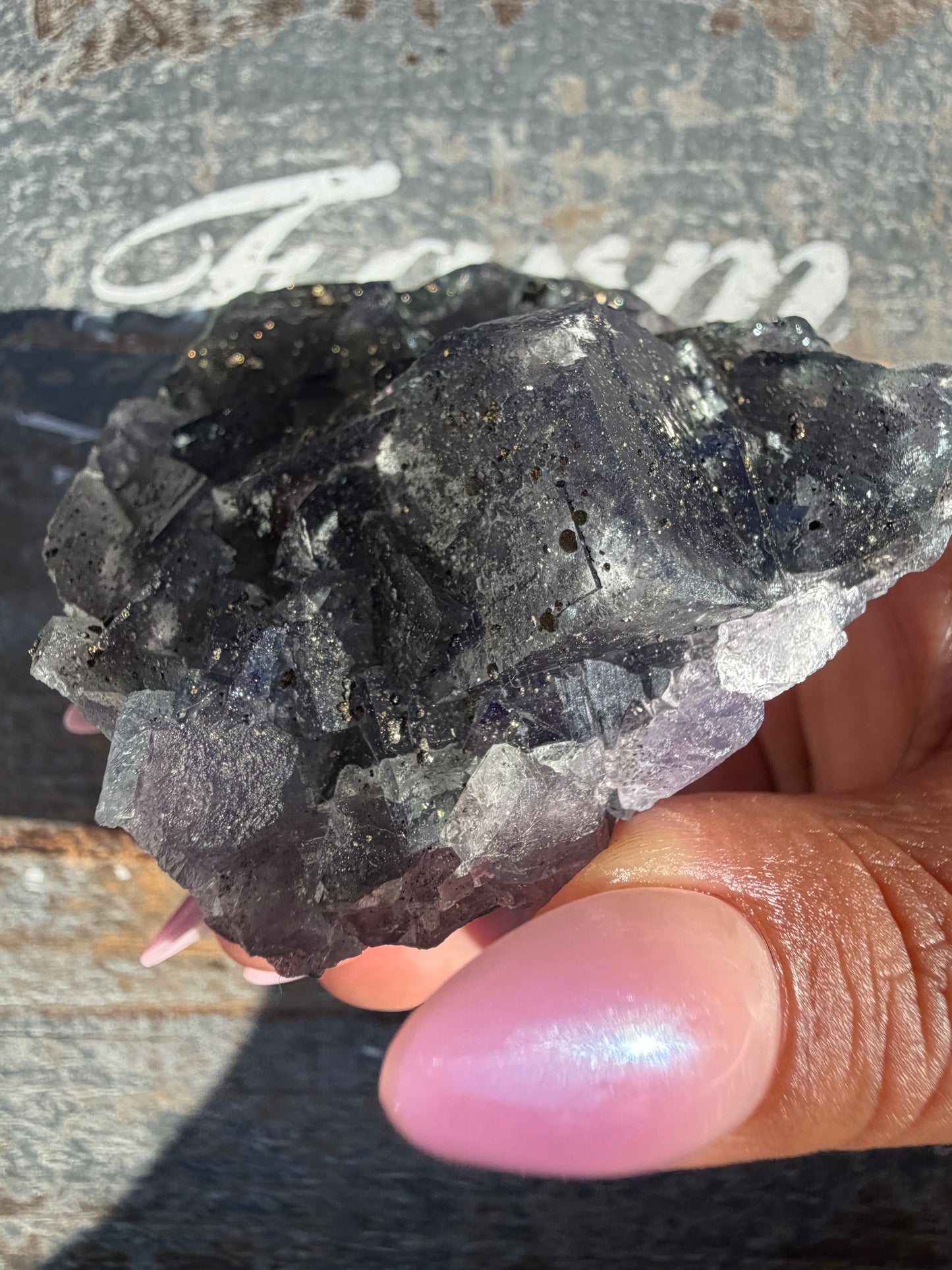 Gorgeous Cubic Dark Blue/Purple Fluorite Specimen coated in Pyrite | China | Opt 55