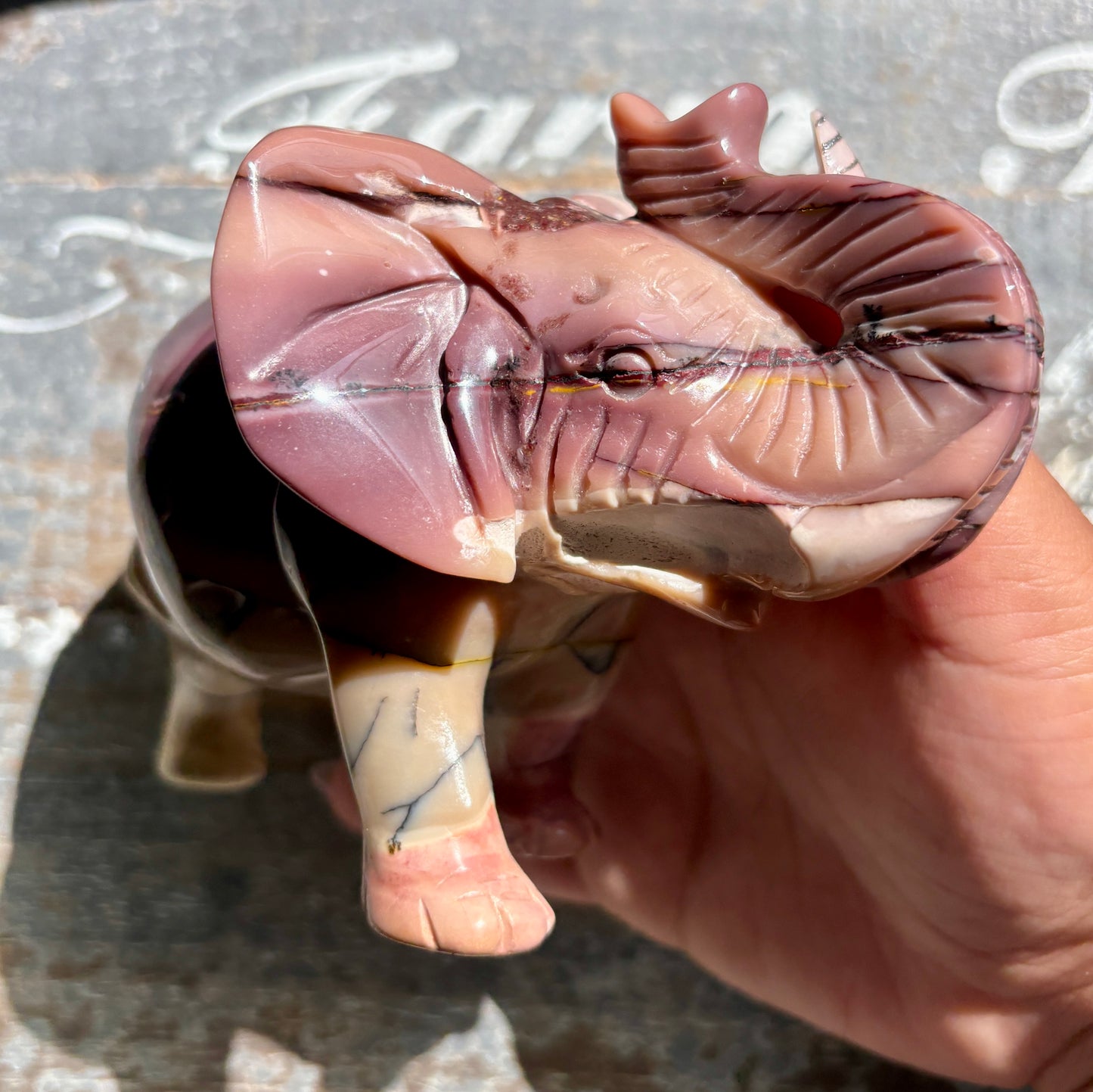 Gorgeous Hand Carved Mookaite Elephant
