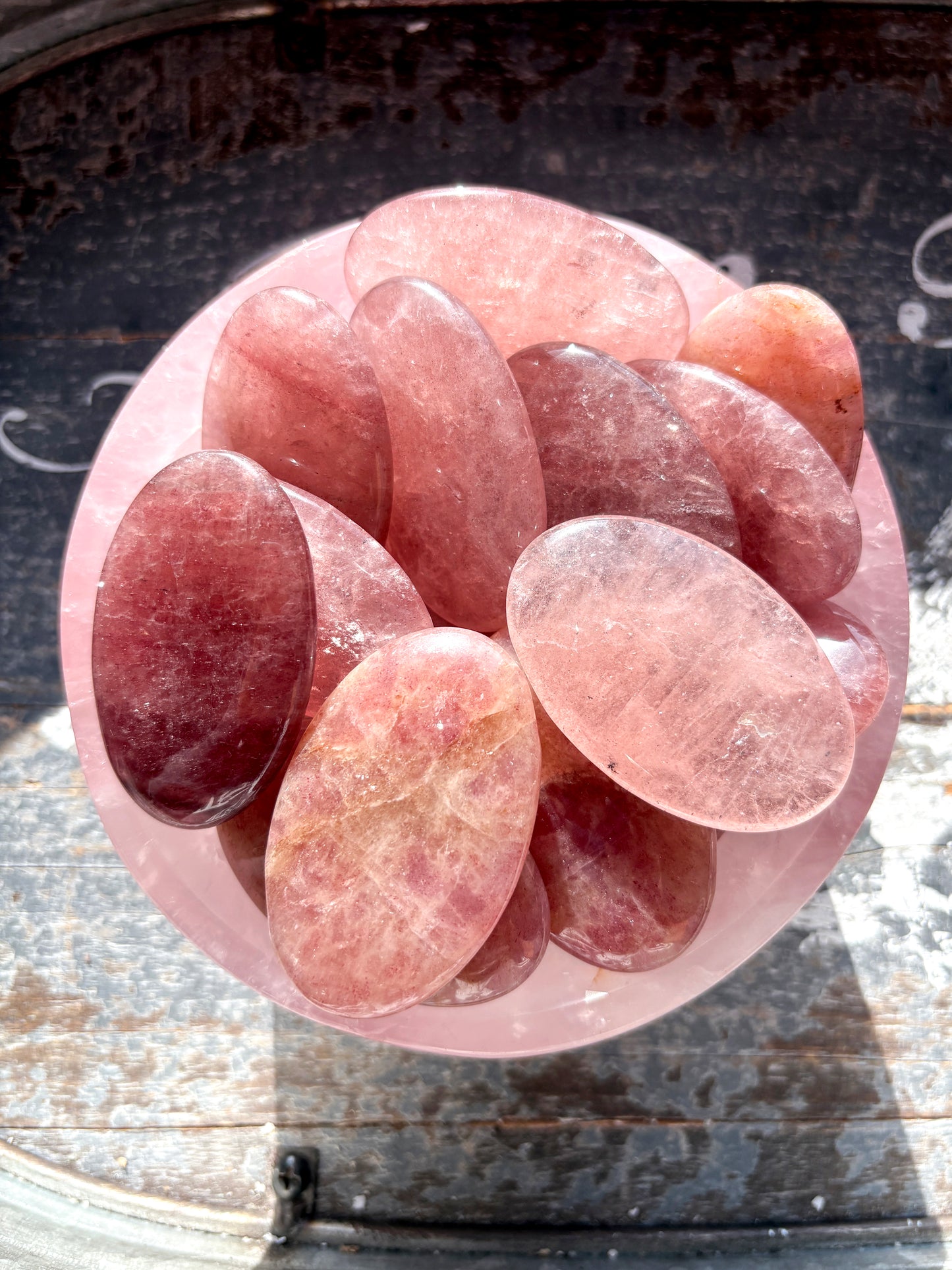 One (1) Strawberry Quartz Palm Stone, Intuitively Chosen