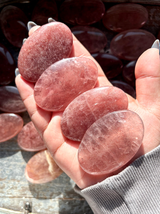 One (1) Strawberry Quartz Palm Stone, Intuitively Chosen