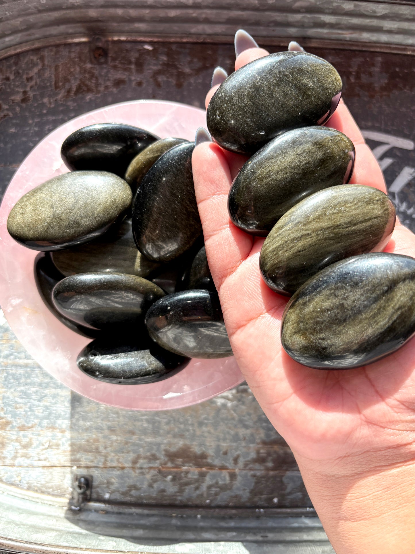 One (1) Gold Sheen Obsidian Palmstone from Mexico, Intuitively Chosen