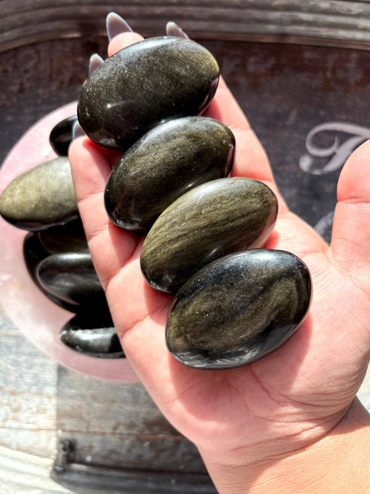 One (1) Gold Sheen Obsidian Palmstone from Mexico, Intuitively Chosen