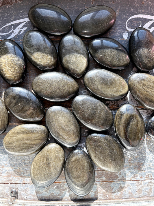 One (1) Gold Sheen Obsidian Palmstone from Mexico, Intuitively Chosen