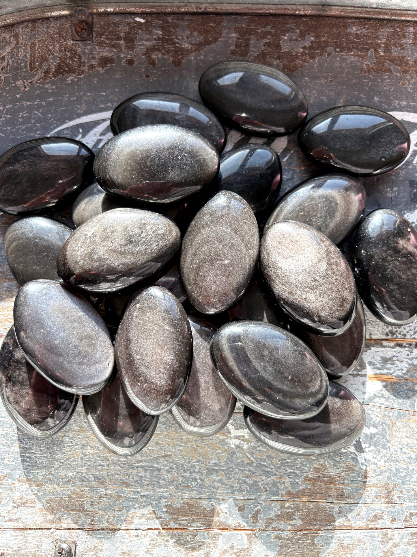 One (1) Silver Sheen Obsidian Palmstone from Mexico, Intuitively Chosen