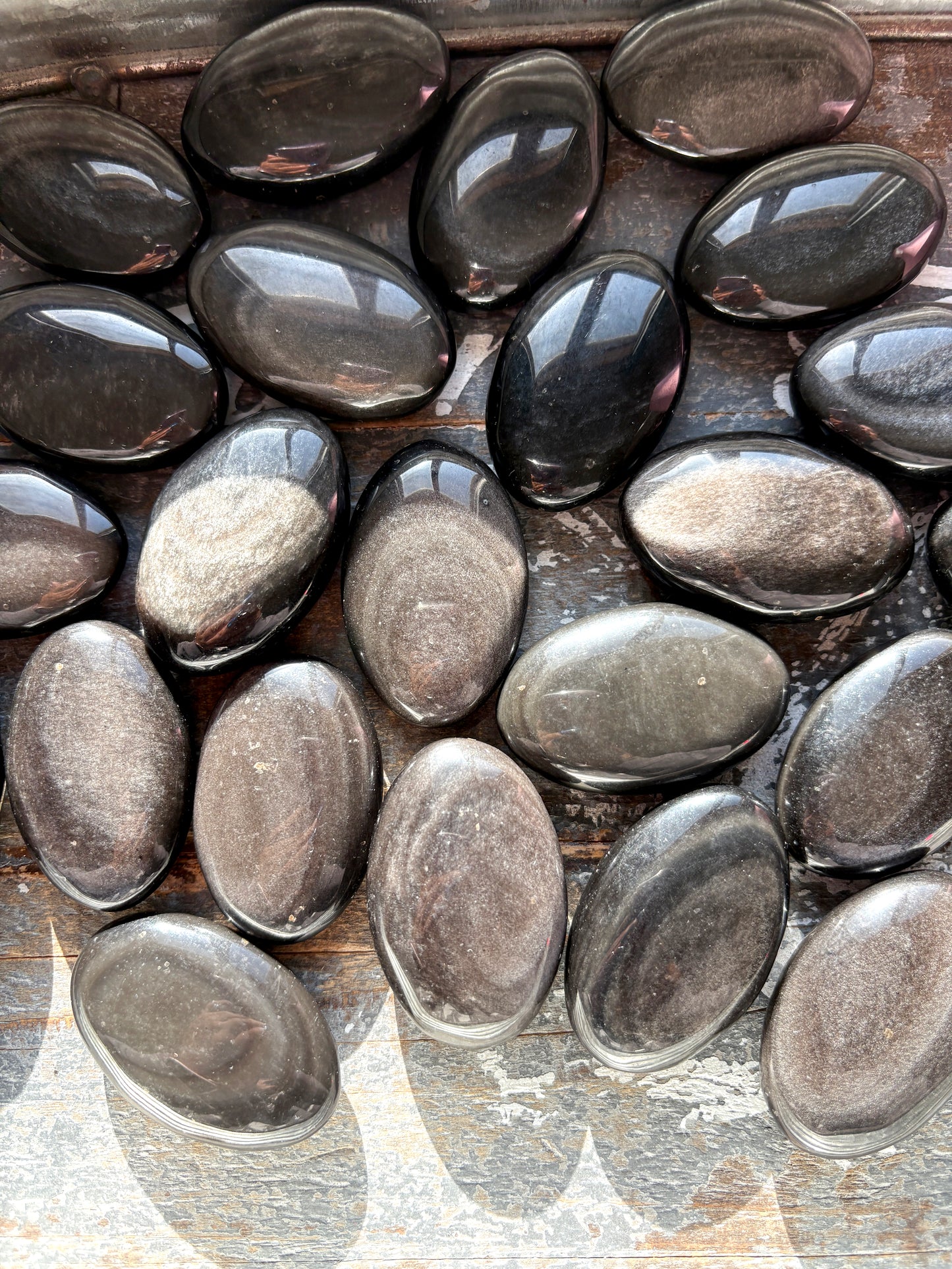 One (1) Silver Sheen Obsidian Palmstone from Mexico, Intuitively Chosen