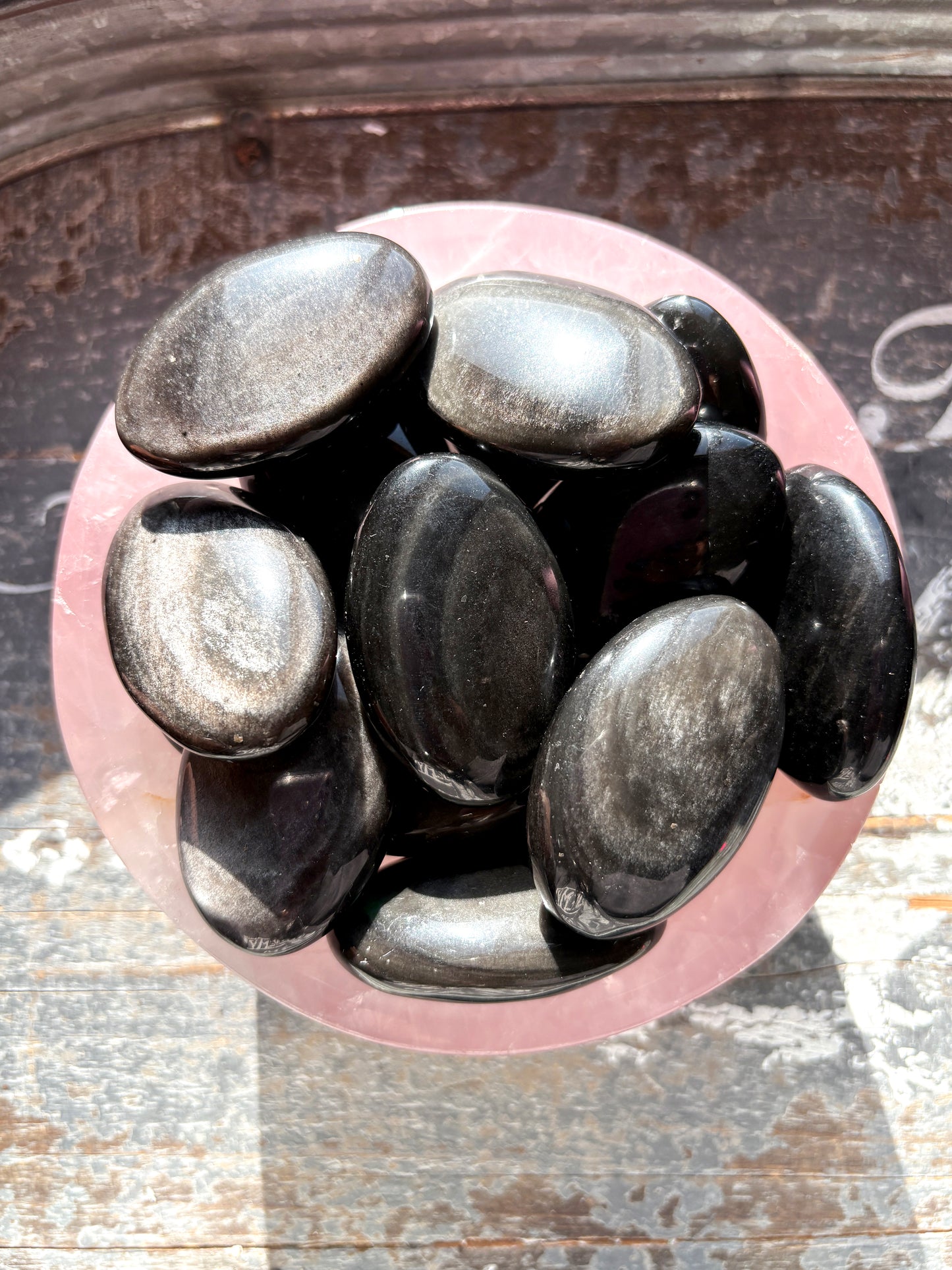 One (1) Silver Sheen Obsidian Palmstone from Mexico, Intuitively Chosen