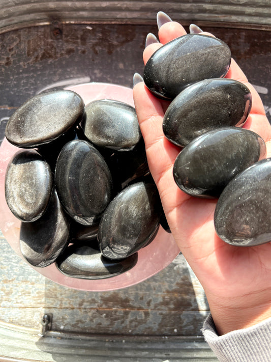 One (1) Silver Sheen Obsidian Palmstone from Mexico, Intuitively Chosen