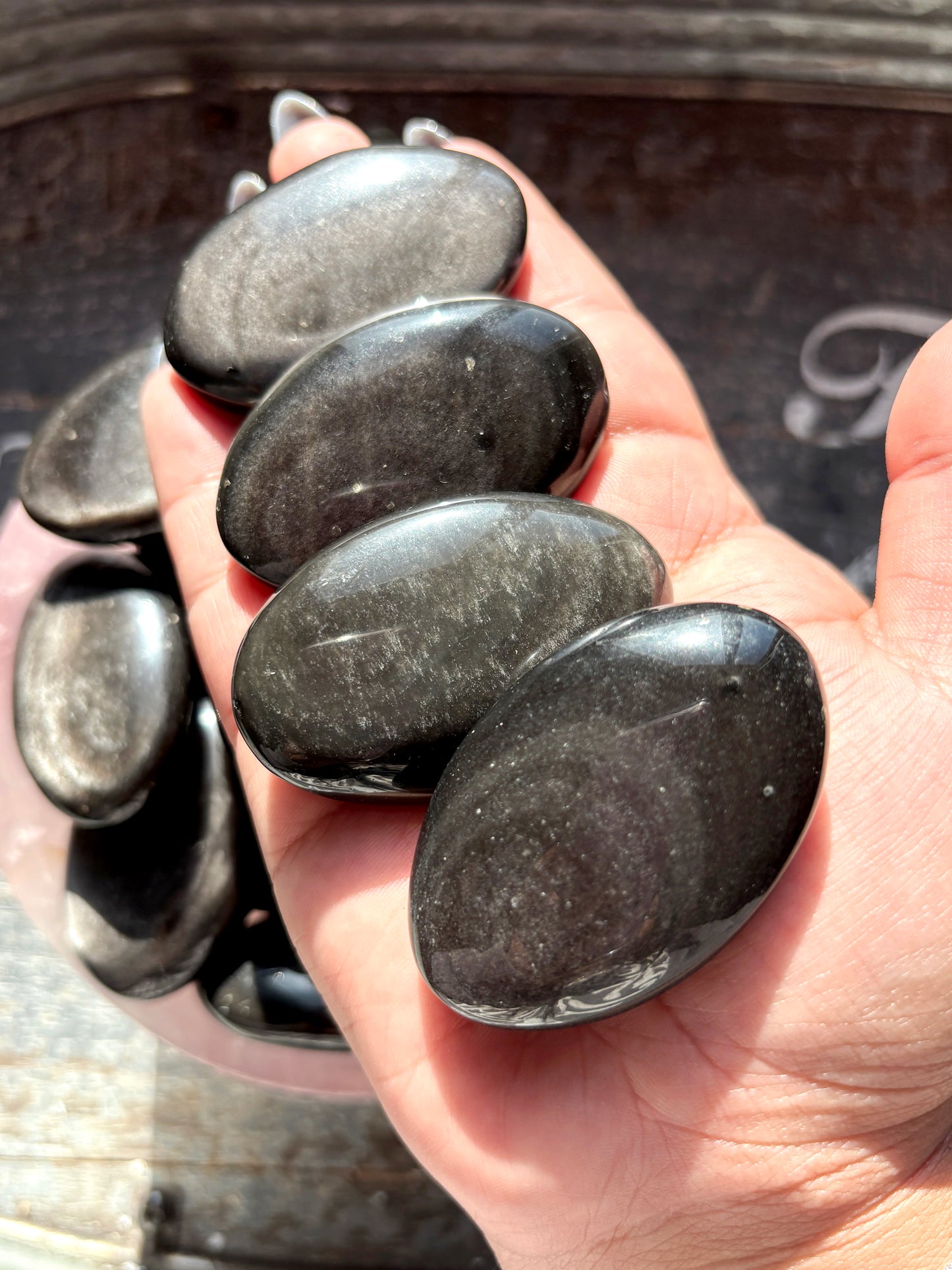 One (1) Silver Sheen Obsidian Palmstone from Mexico, Intuitively Chosen