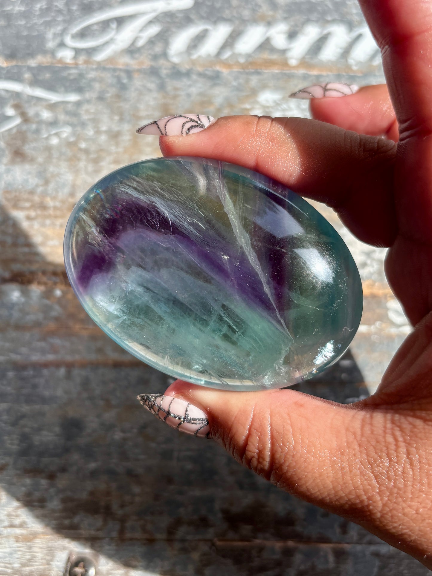 Gorgeous High Quality Rainbow Fluorite Palm Stone | Opt A