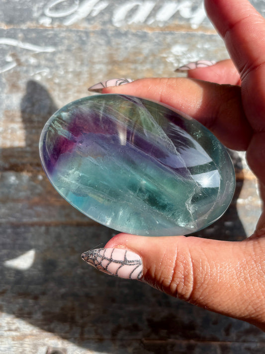 Gorgeous High Quality Rainbow Fluorite Palm Stone | Opt A