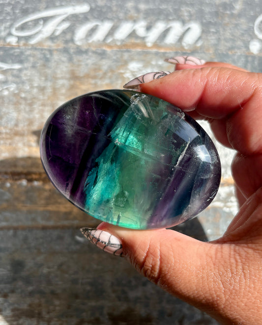 Gorgeous High Quality Rainbow Fluorite Palm Stone | Opt C