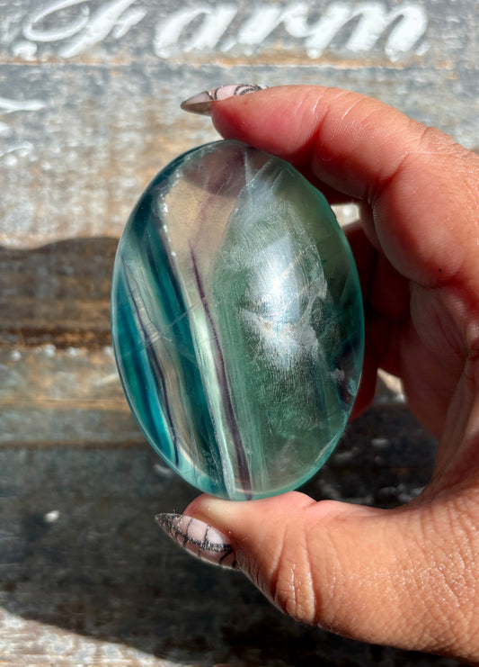 Gorgeous High Quality Rainbow Fluorite Palm Stone | Opt B