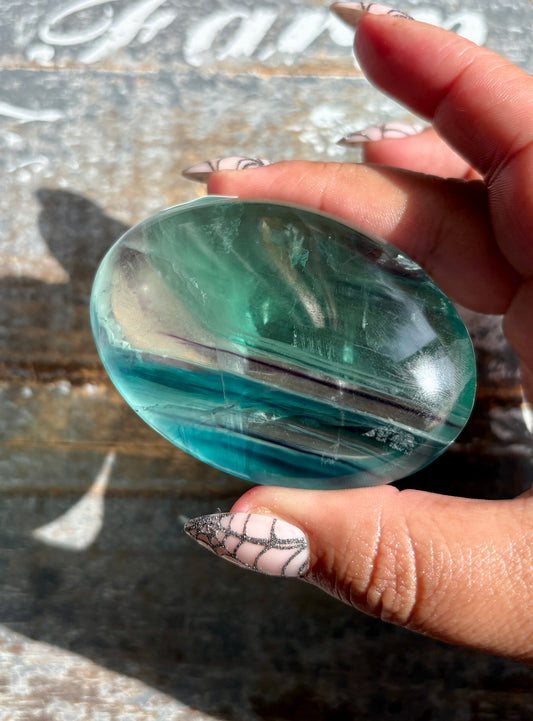 Gorgeous High Quality Rainbow Fluorite Palm Stone | Opt B