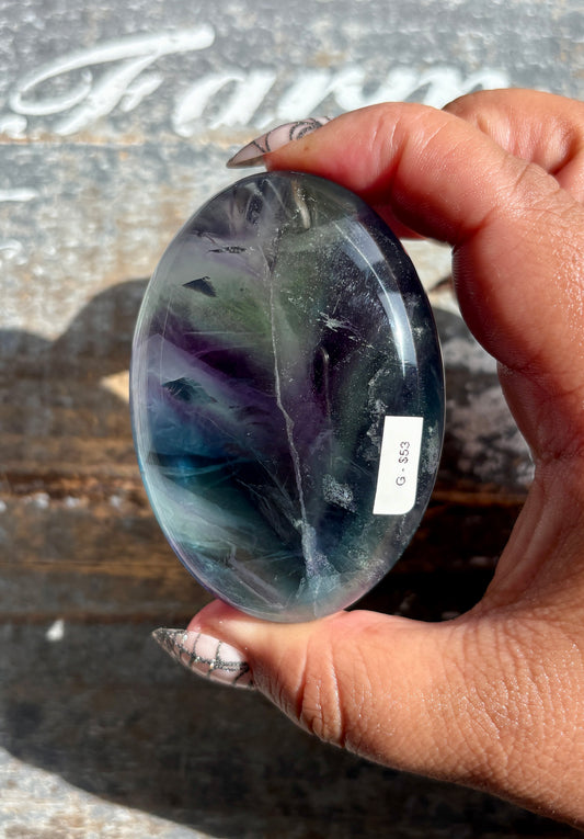 Gorgeous High Quality Rainbow Fluorite Palm Stone | Opt G
