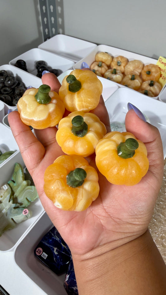 One (1) Mini Orange Calcite Pumpkin (Serpentine Stem)