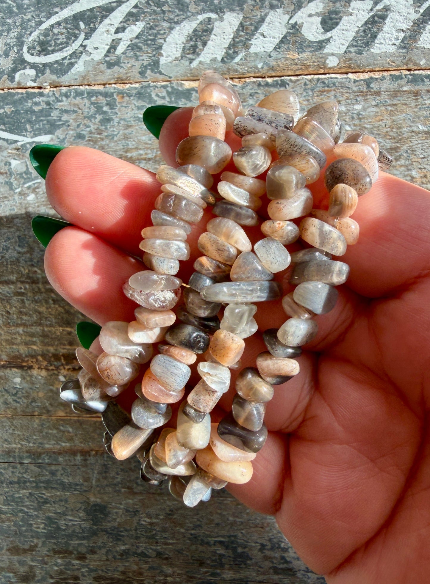 One (1) Adjustable Black Moonstone Chip Bracelet | 7-10mm