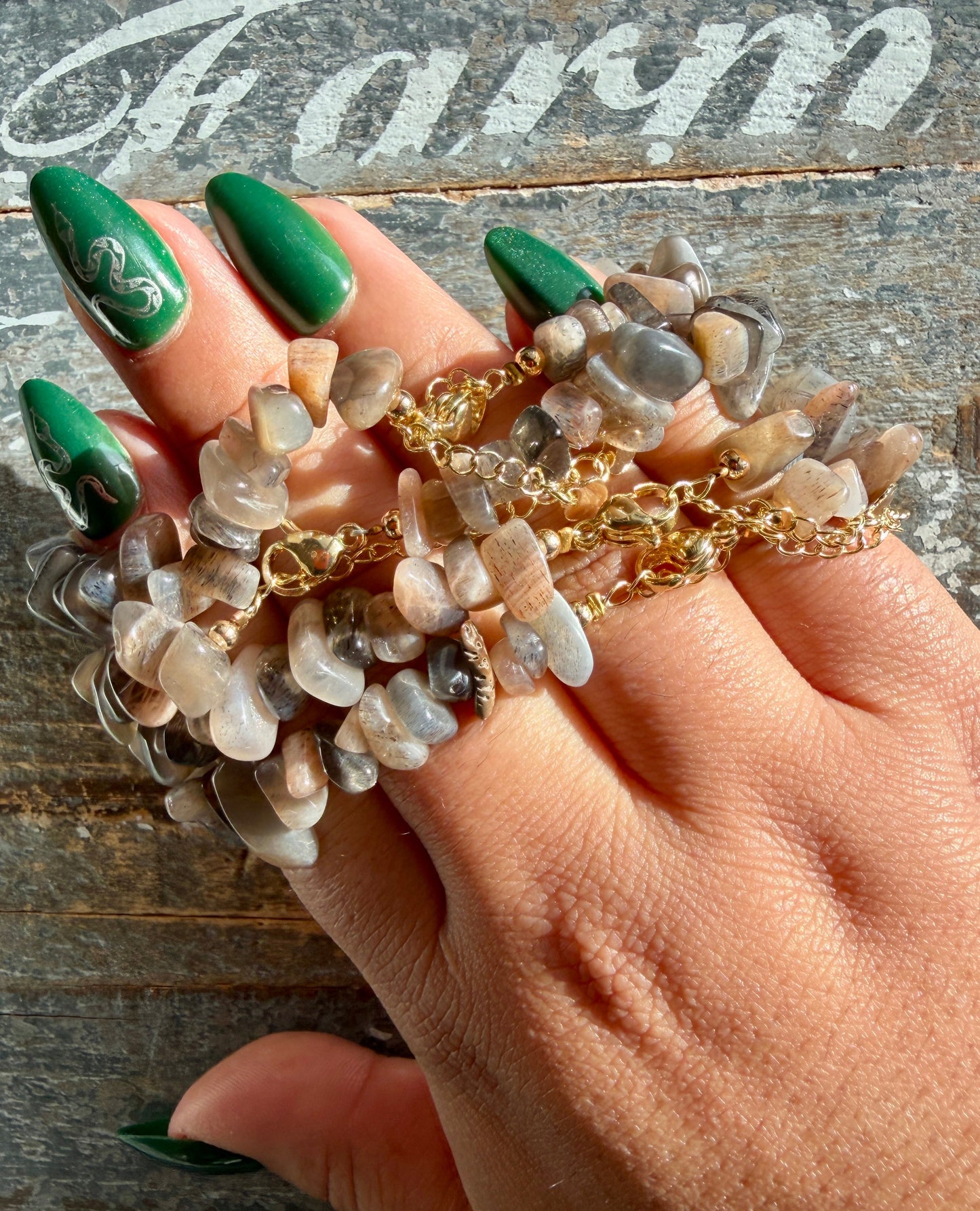 One (1) Adjustable Black Moonstone Chip Bracelet | 7-10mm