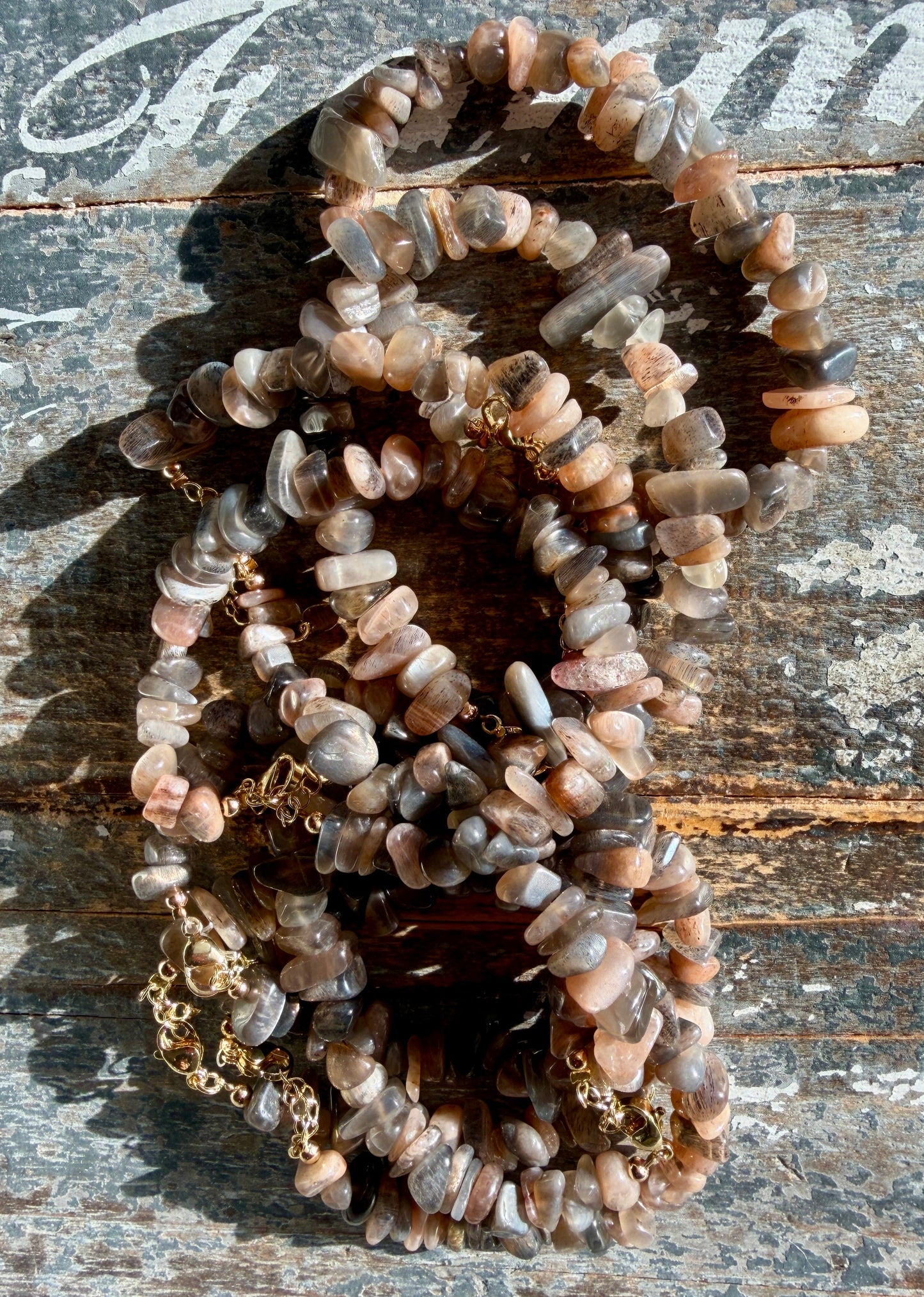 One (1) Adjustable Black Moonstone Chip Bracelet | 7-10mm