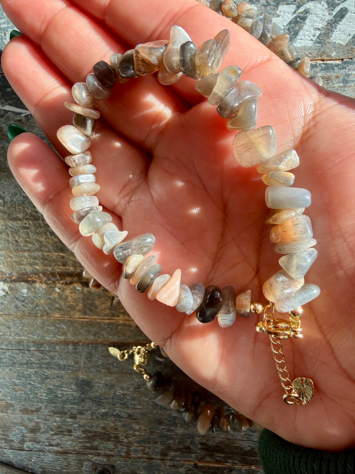 One (1) Adjustable Black Moonstone Chip Bracelet | 7-10mm