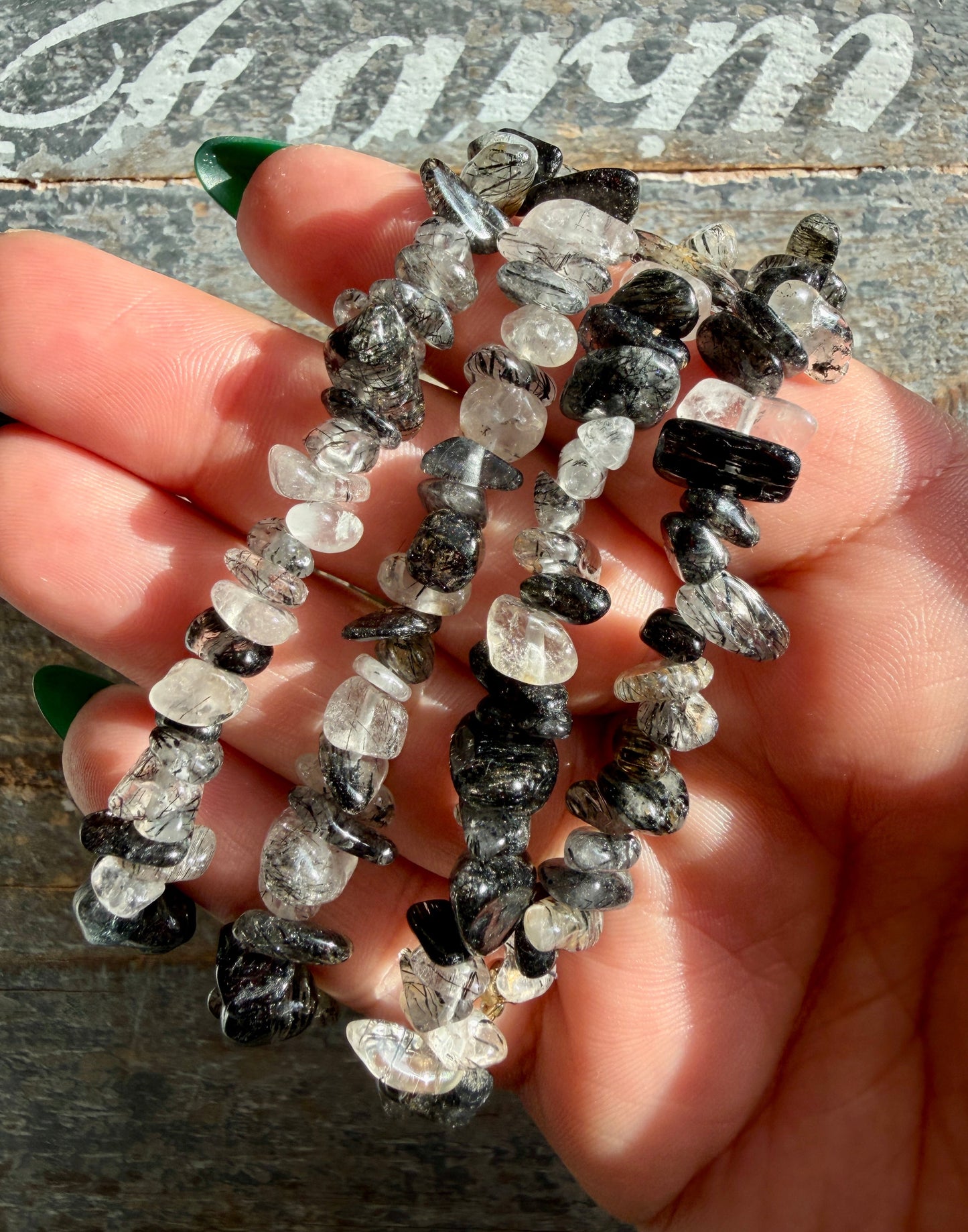 One (1) Adjustable Tourmaline in Quartz Chip Bracelet | 6-8mm