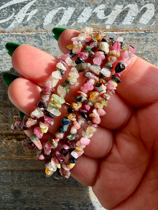 One (1) Adjustable Watermelon Tourmaline Chip Bracelet | 3-5mm