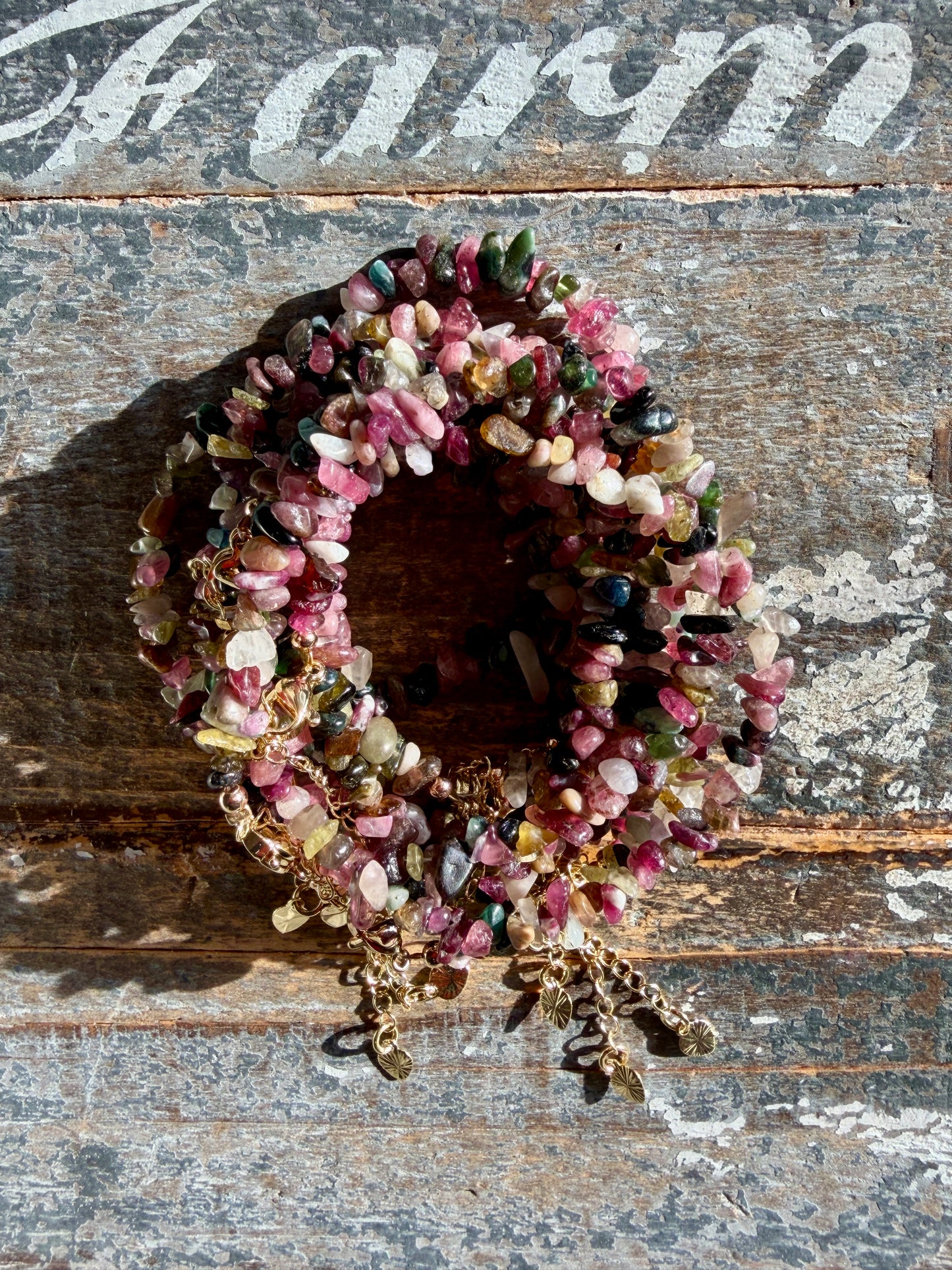 One (1) Adjustable Watermelon Tourmaline Chip Bracelet | 3-5mm