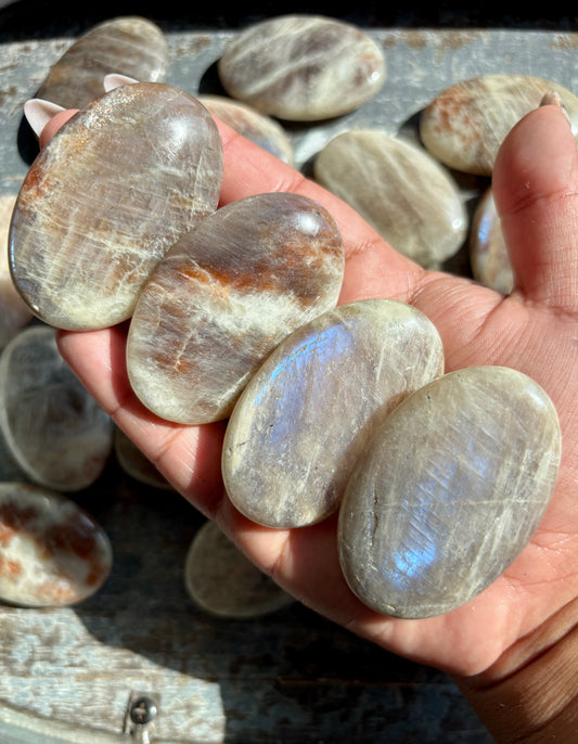 One (1) Moonstone/Sun Stone Palm Stone | Intuitively Chosen