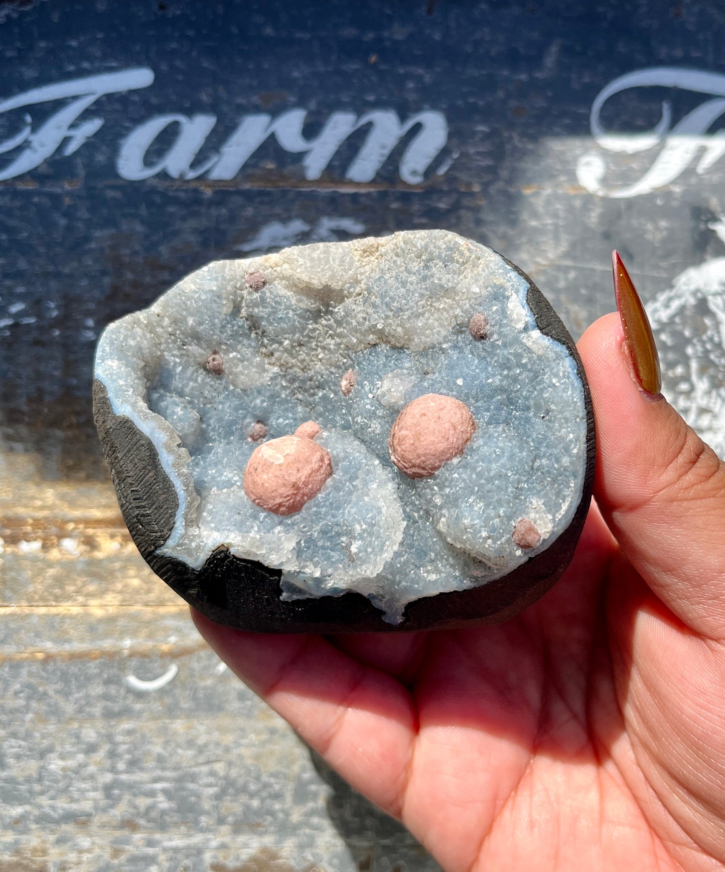 Gorgeous Botryoidal Fluorite on Blue Chalcedony Geode from India