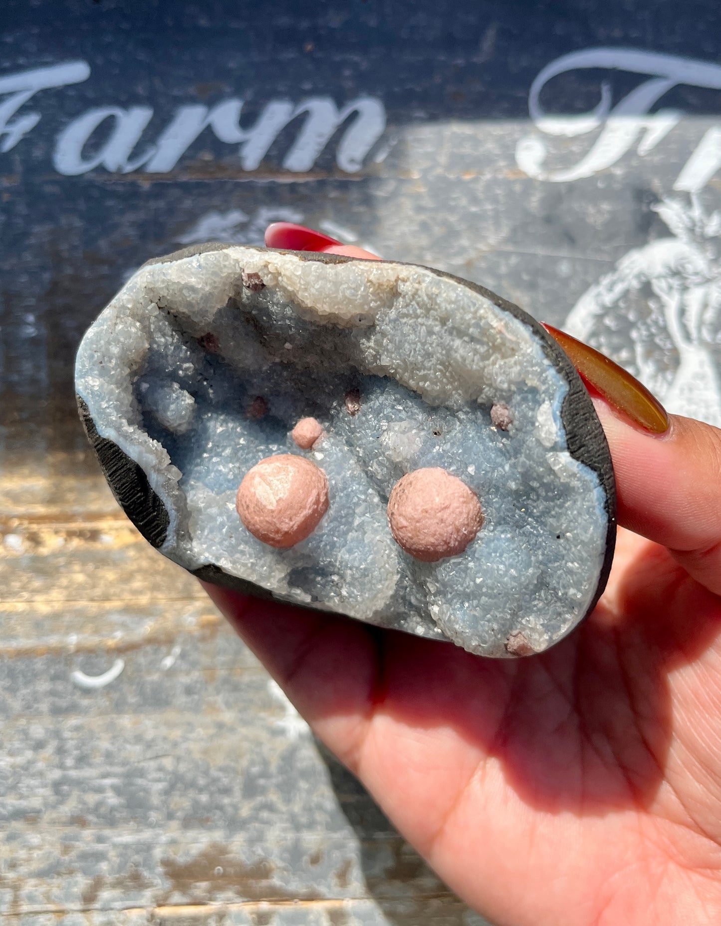 Gorgeous Botryoidal Fluorite on Blue Chalcedony Geode from India