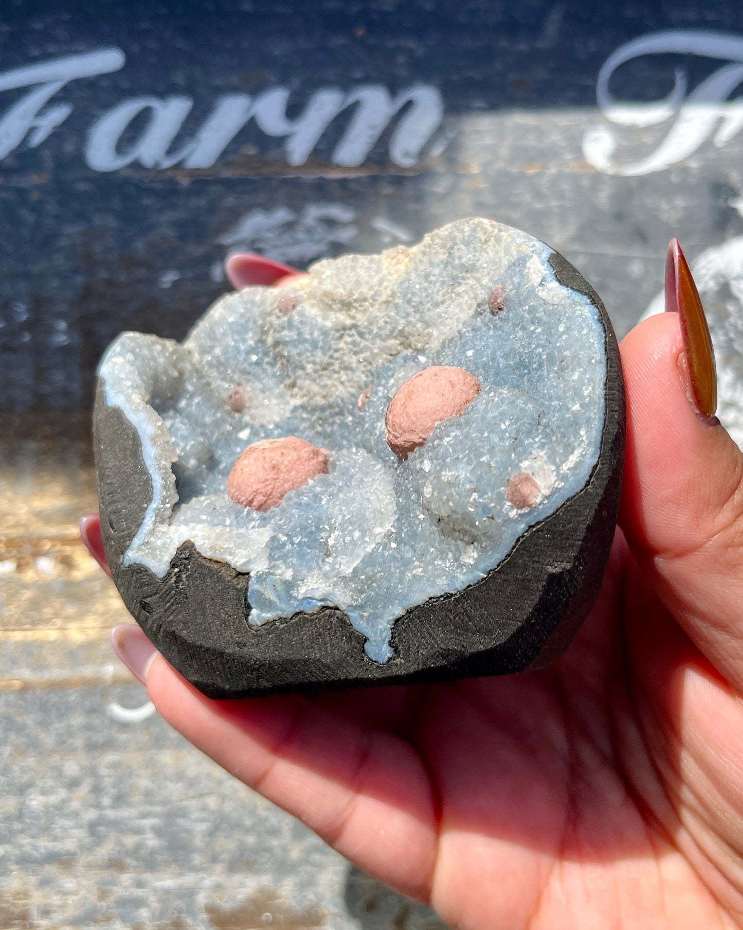 Gorgeous Botryoidal Fluorite on Blue Chalcedony Geode from India