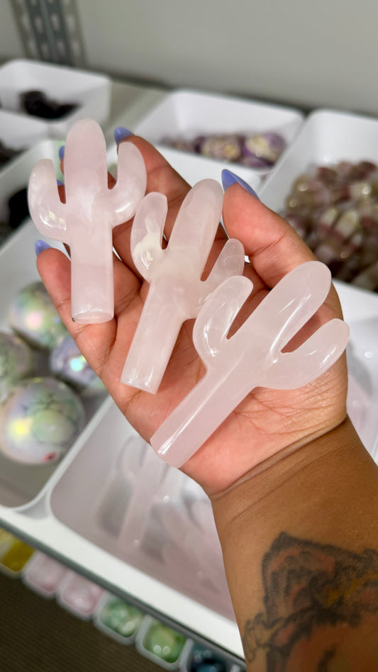 One (1) Pink Mangano Calcite Cactus Carving (UV reactive) | Intuitively Chosen
