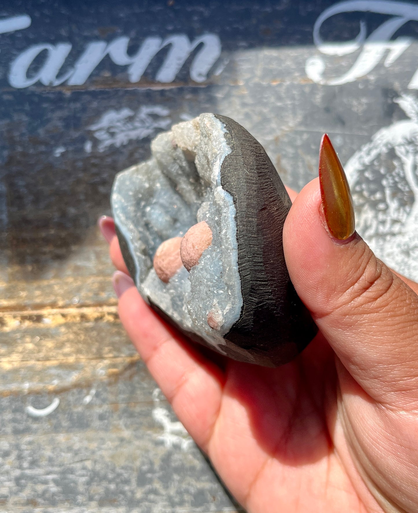 Gorgeous Botryoidal Fluorite on Blue Chalcedony Geode from India