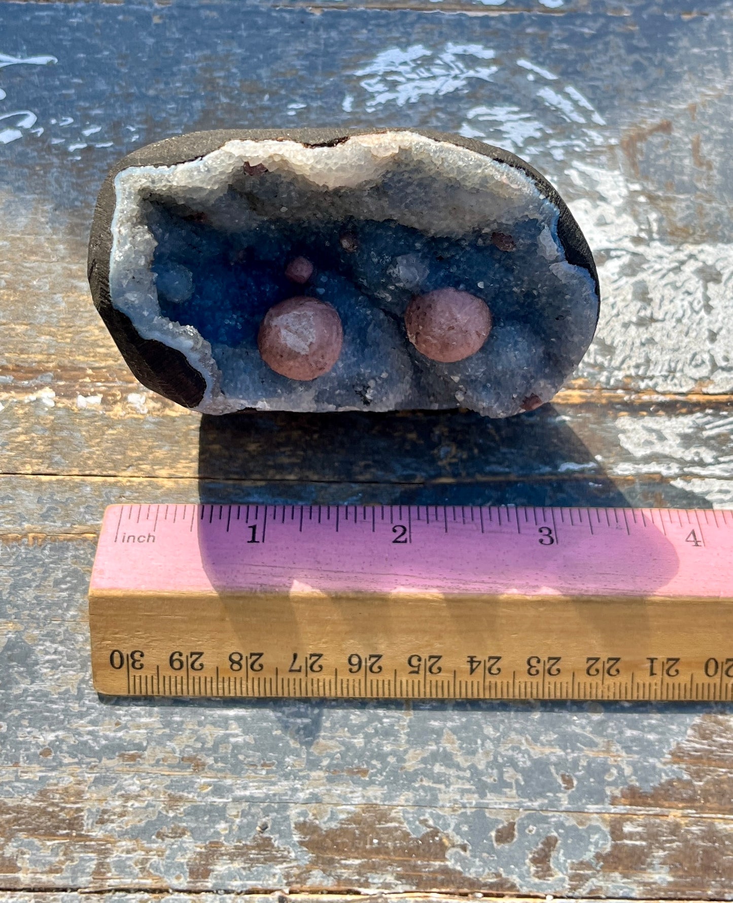 Gorgeous Botryoidal Fluorite on Blue Chalcedony Geode from India