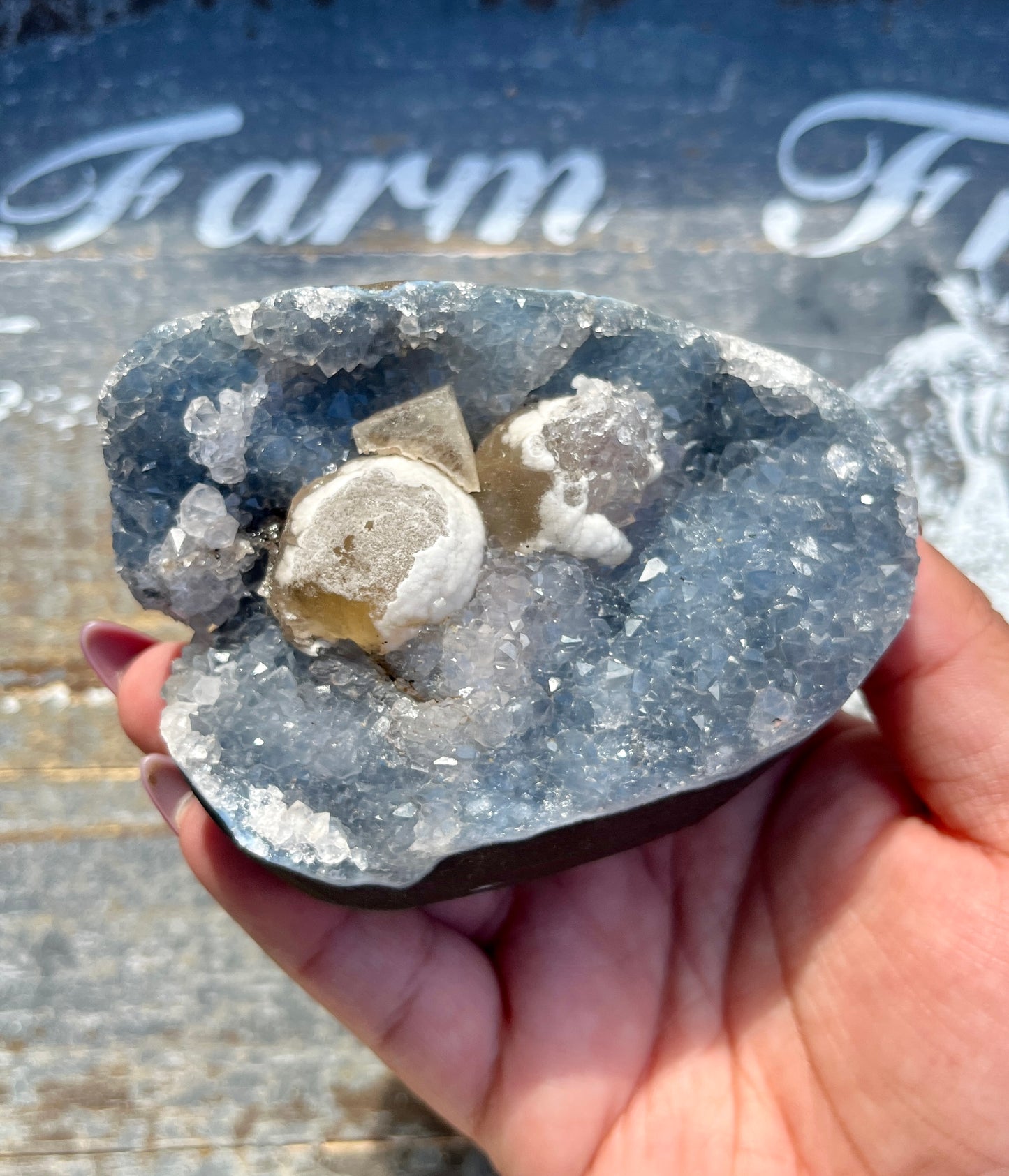 Gorgeous Botryoidal Fluorite on Blue Chalcedony Geode from India