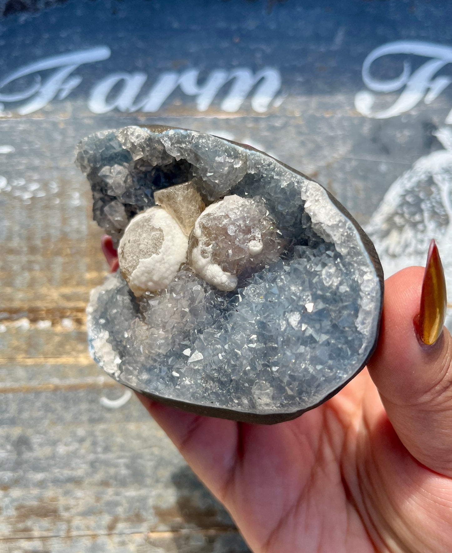 Gorgeous Botryoidal Fluorite on Blue Chalcedony Geode from India