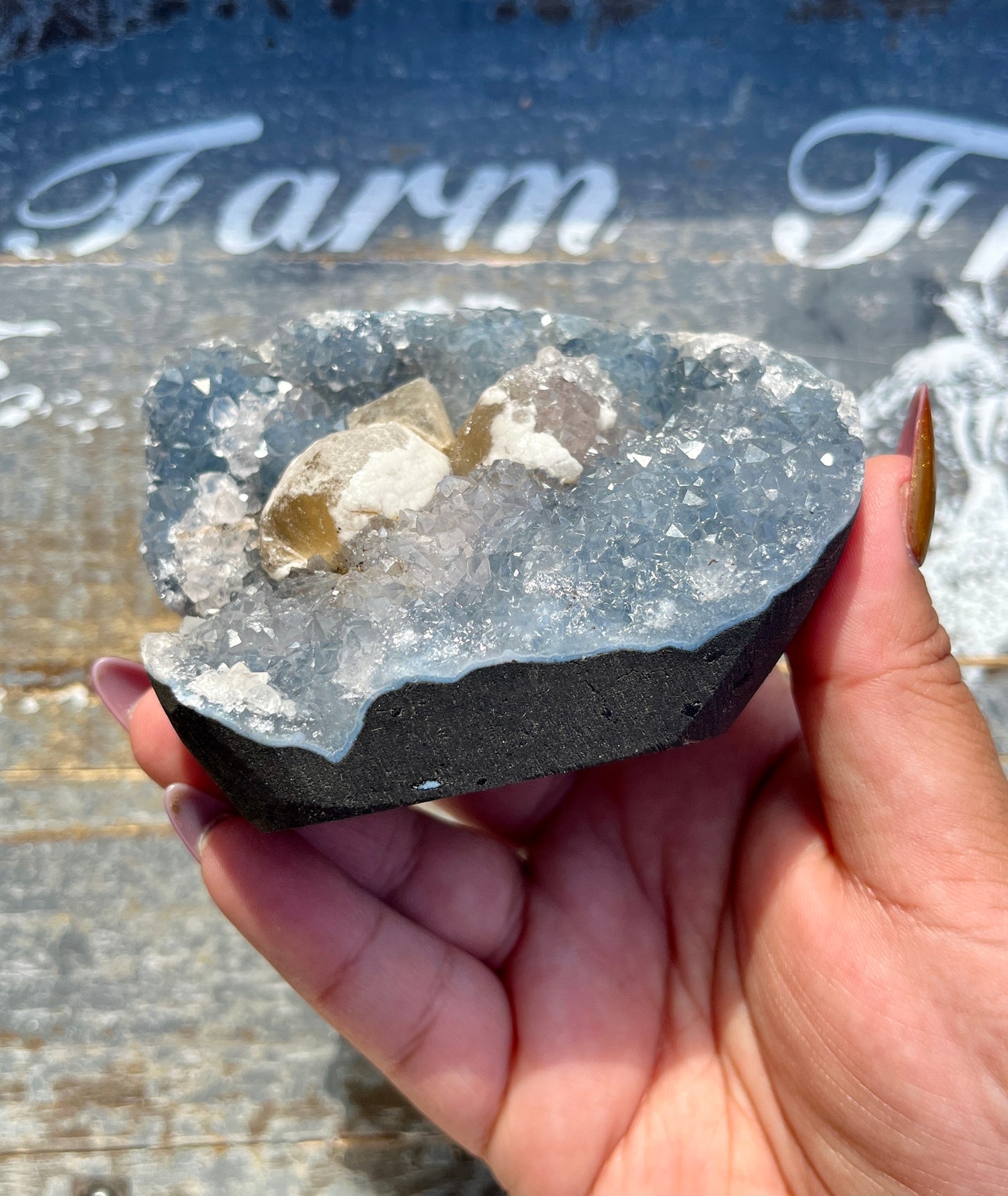 Gorgeous Botryoidal Fluorite on Blue Chalcedony Geode from India